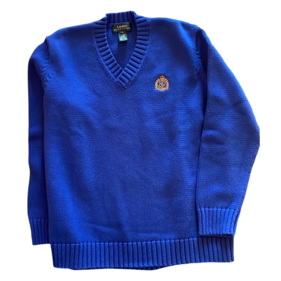 Lauren Ralph Lauren V Neck Blue Sweater with Gold Crest Logo on Chest Large - Picture 3 of 6